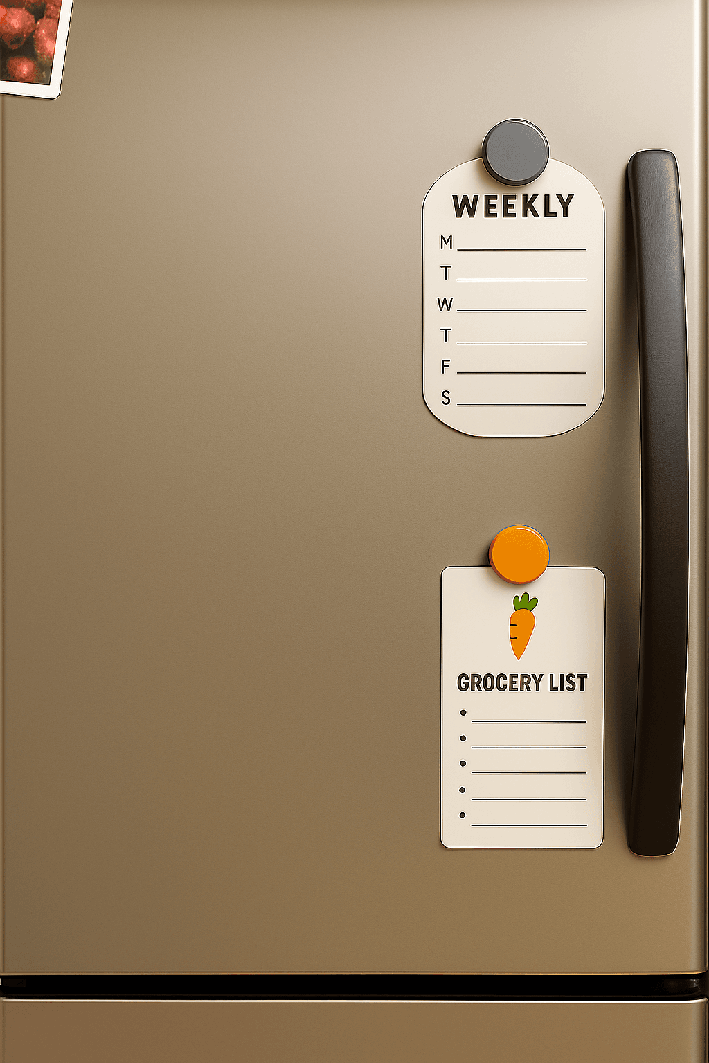 Fridge displaying a 3" Scotty custom pet magnet